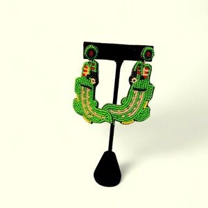 Obx Prep Beaded Alligator Earrings, Green, Felt Backing, 3”x 2”, Florida…